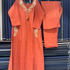 Trending A-Line Rustic Orange Cotton Dress With Pockets