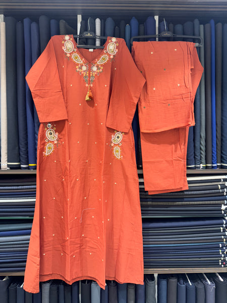 Trending A-Line Rustic Orange Cotton Dress With Pockets
