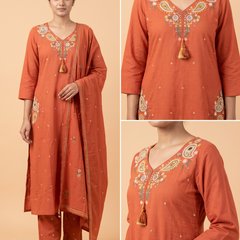 Trending A-Line Rustic Orange Cotton Dress With Pockets