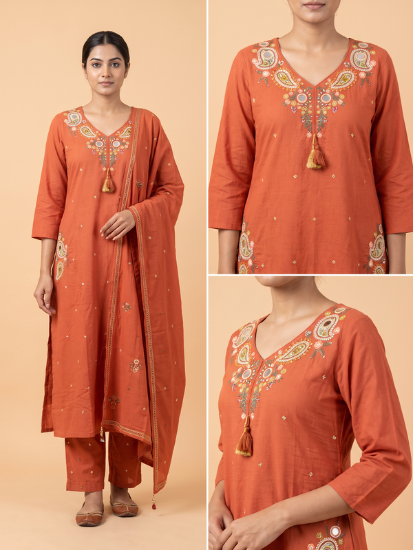 Trending A-Line Rustic Orange Cotton Dress With Pockets