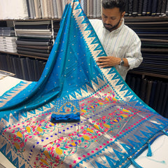 Azure Blue Colour Muniya Paithani With Work Blouse