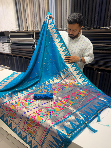 Azure Blue Colour Muniya Paithani With Work Blouse