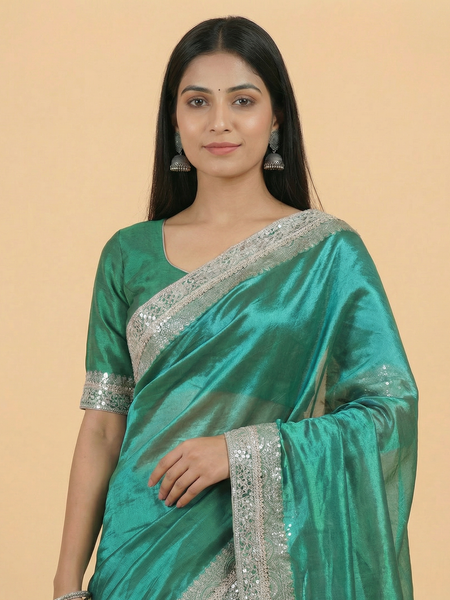 2 Toned Peacock Green Mirror Border Pure Tissue Saree