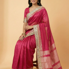 Pink Mirror Border Pure Tissue Saree