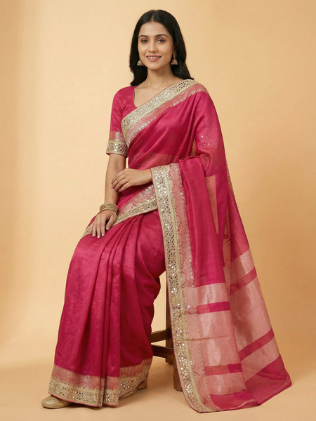 Pink Mirror Border Pure Tissue Saree