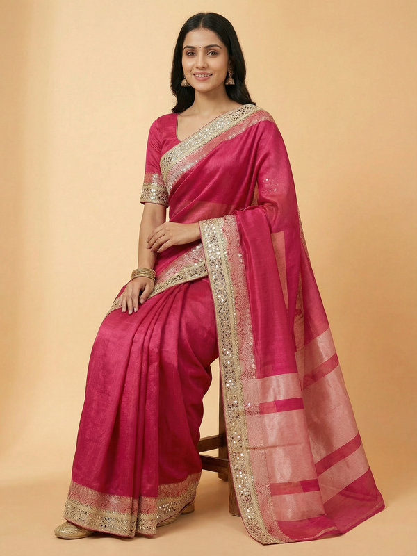 Pink Mirror Border Pure Tissue Saree