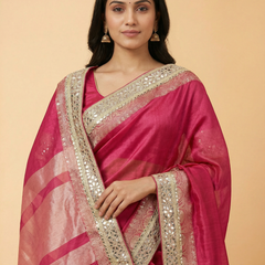 Pink Mirror Border Pure Tissue Saree