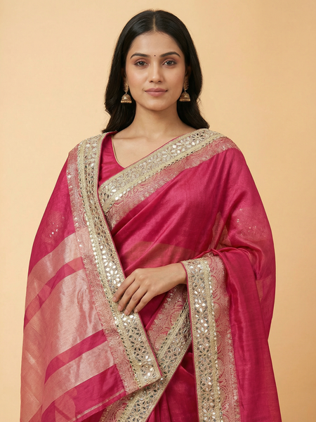 Pink Mirror Border Pure Tissue Saree