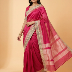 Pink Mirror Border Pure Tissue Saree