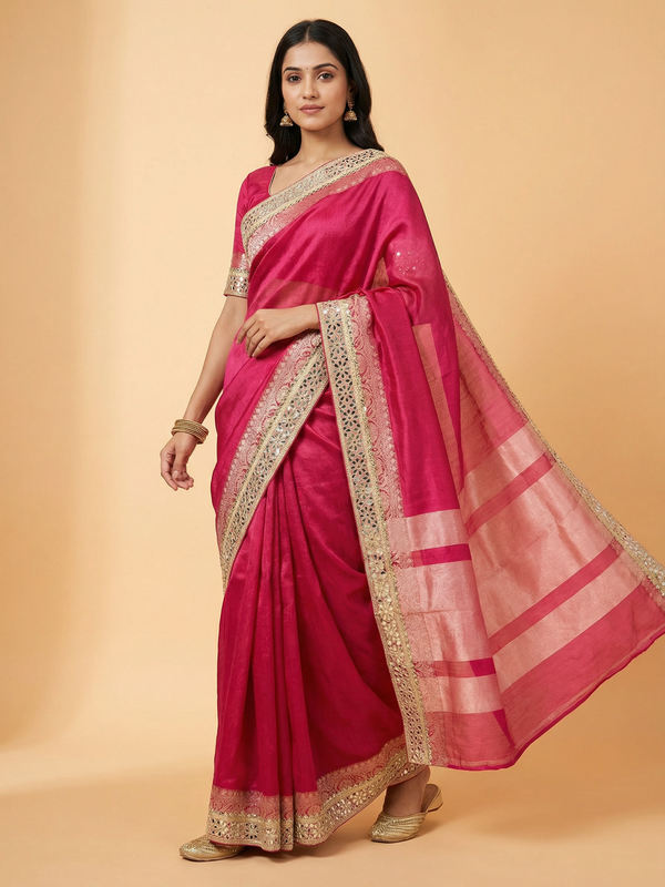 Pink Mirror Border Pure Tissue Saree