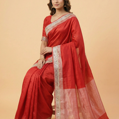Red Mirror Border Pure Tissue Saree