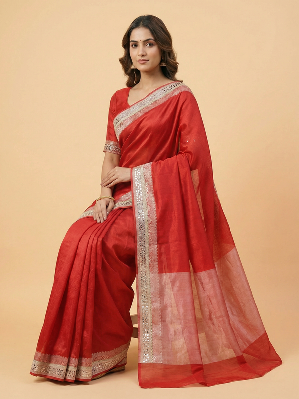 Red Mirror Border Pure Tissue Saree