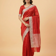 Red Mirror Border Pure Tissue Saree