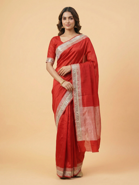 Red Mirror Border Pure Tissue Saree
