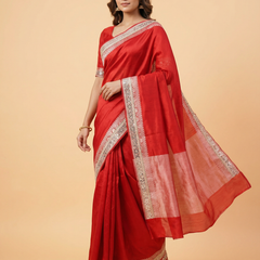 Red Mirror Border Pure Tissue Saree