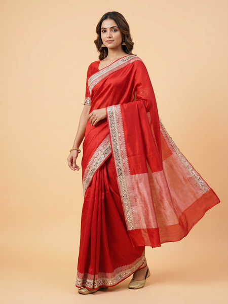 Red Mirror Border Pure Tissue Saree
