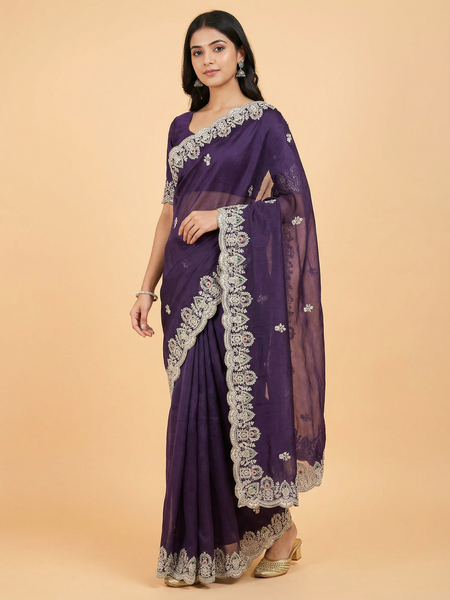 Trendy Beaded Border Designer Purple Saree