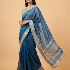 Bright Blue Mirror Border Pure Tissue Saree