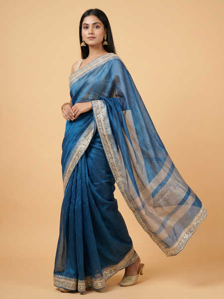 Bright Blue Mirror Border Pure Tissue Saree