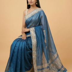 Bright Blue Mirror Border Pure Tissue Saree