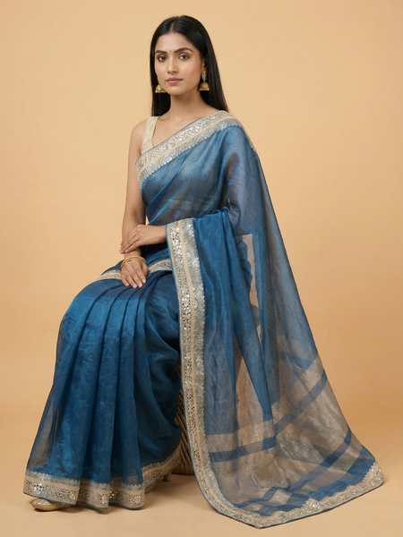 Bright Blue Mirror Border Pure Tissue Saree
