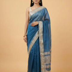 Bright Blue Mirror Border Pure Tissue Saree