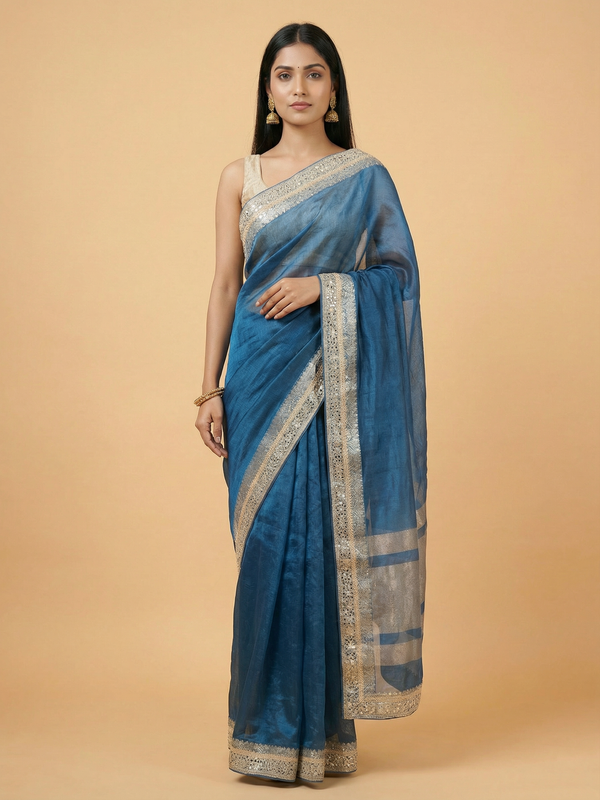 Bright Blue Mirror Border Pure Tissue Saree