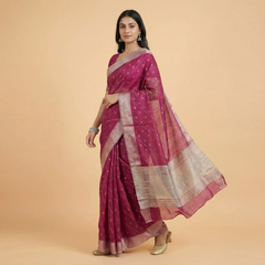 Burgundy Colour Stone Work & Zari Butti Design Organza Saree