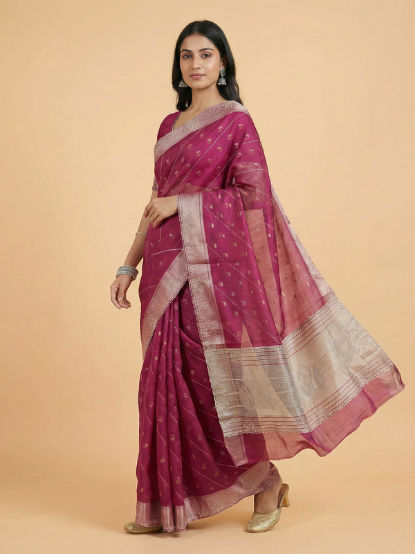 Burgundy Colour Stone Work & Zari Butti Design Organza Saree