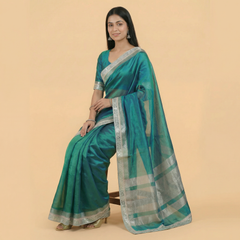 2 Toned Peacock Green Mirror Border Pure Tissue Saree