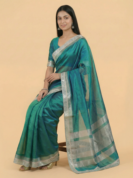 2 Toned Peacock Green Mirror Border Pure Tissue Saree