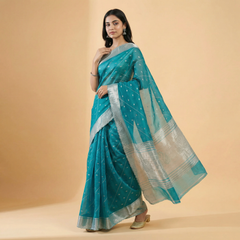 Teal Blue Colour Stone Work & Zari Butti Design Organza Saree