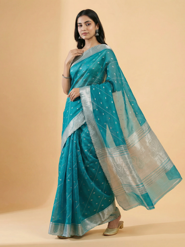 Teal Blue Colour Stone Work & Zari Butti Design Organza Saree