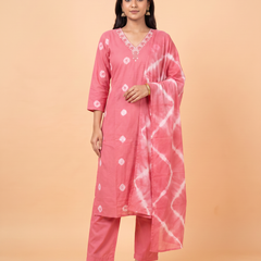 Soft Bandhani Print Cotton Dress With Pearl Work On Neckline