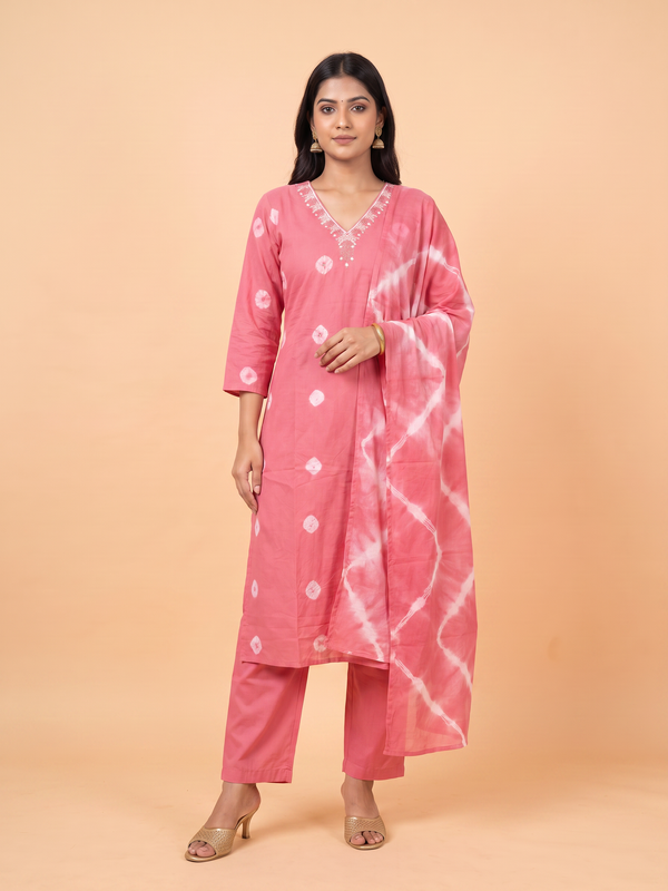 Soft Bandhani Print Cotton Dress With Pearl Work On Neckline
