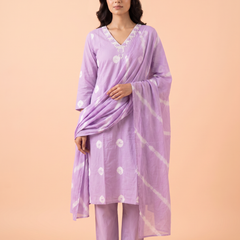 Soft Bandhani Print Cotton Dress With Pearl Work On Neckline