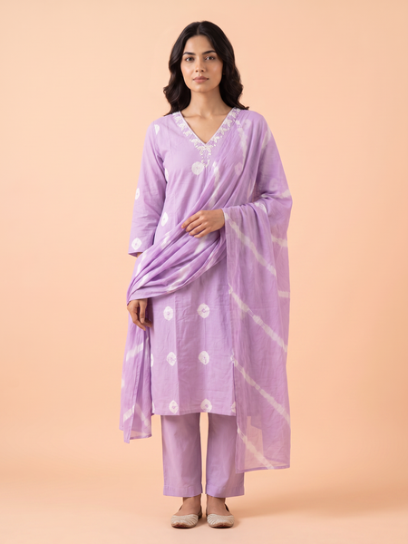 Soft Bandhani Print Cotton Dress With Pearl Work On Neckline