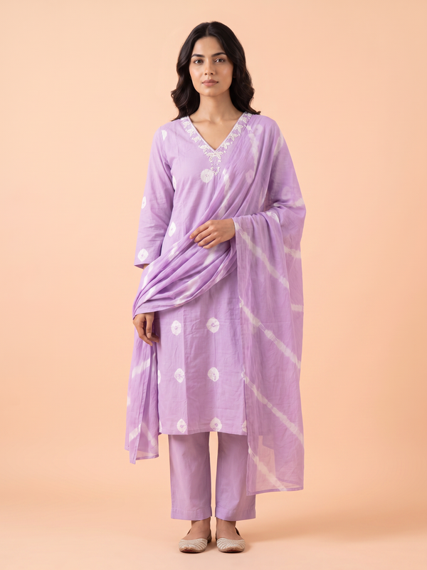Soft Bandhani Print Cotton Dress With Pearl Work On Neckline