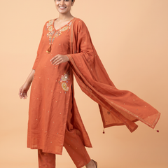 Trending A-Line Rustic Orange Cotton Dress With Pockets