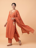 Trending A-Line Rustic Orange Cotton Dress With Pockets