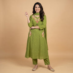 Trending A-Line Olive Green Cotton Dress With Pockets