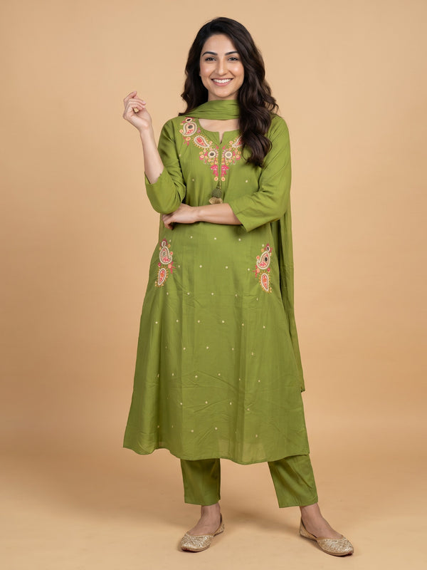 Trending A-Line Olive Green Cotton Dress With Pockets