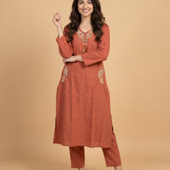 Trending A-Line Rustic Orange Cotton Dress With Pockets