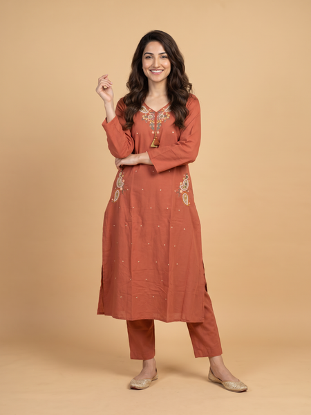 Trending A-Line Rustic Orange Cotton Dress With Pockets