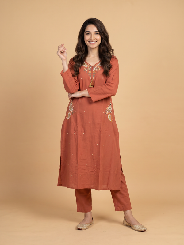 Trending A-Line Rustic Orange Cotton Dress With Pockets