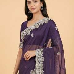 Trendy Beaded Border Designer Purple Saree