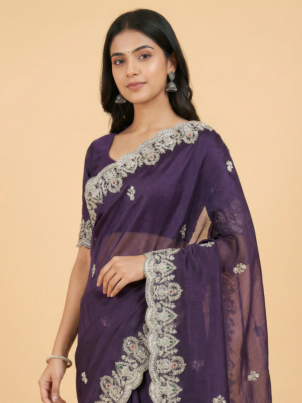 Trendy Beaded Border Designer Purple Saree