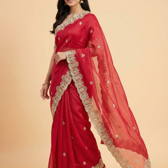 Trendy Beaded Border Designer Red Saree