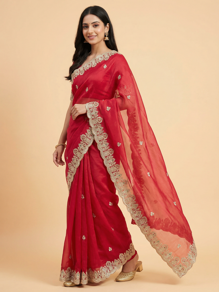 Trendy Beaded Border Designer Red Saree