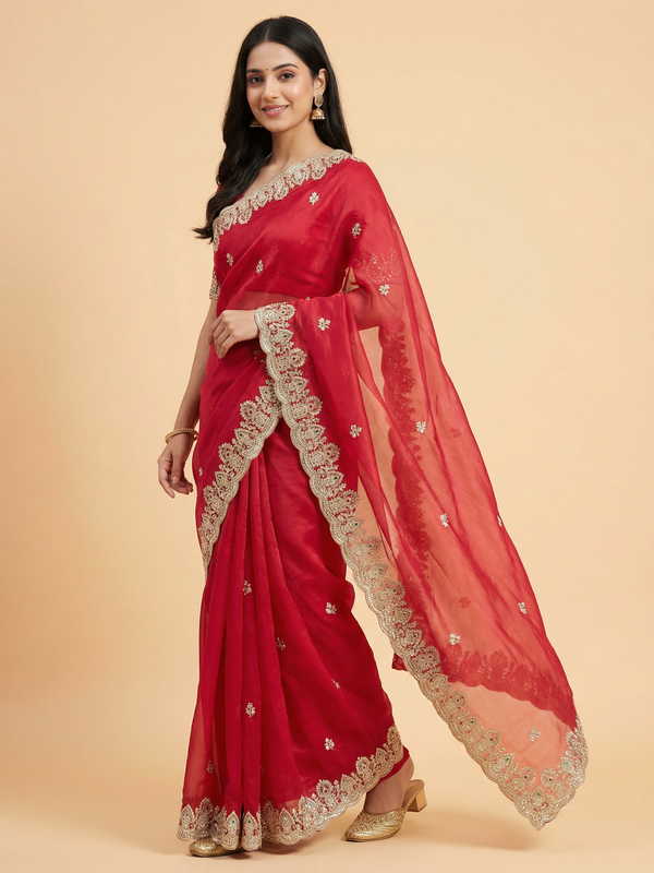 Trendy Beaded Border Designer Red Saree